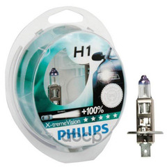 Лампа галоген H1 55W "PHILIPS" X-treme Vision  (2шт.) +100%