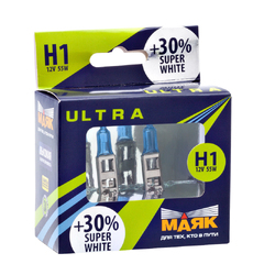 Лампа галоген H1 55W "МАЯК" Super White ULTRA +30% (2шт.)